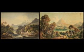 Watercolour Drawings. Two antique English drawings on paper depicting river landscapes with figures.