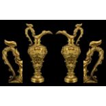 A Pair of French Antique Baroque Style Gilt Bronze Urn Vases - with dragon stylised handles of very
