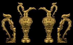 A Pair of French Antique Baroque Style Gilt Bronze Urn Vases - with dragon stylised handles of very