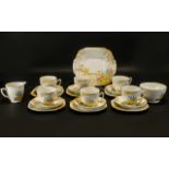 Art Deco Melba Bone China Fine Part Teaset comprising sandwich/cake plate, 6 cups,