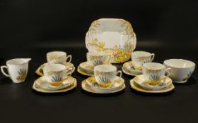 Art Deco Melba Bone China Fine Part Teaset comprising sandwich/cake plate, 6 cups,