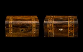 Two Victorian Walnut Tum Bridge Ware - type inlaid work boxes with mother of pearl exclusions.