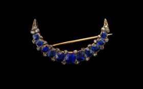 Victorian Period 15ct Gold Sapphire and Rose Cut Diamonds Set Crescent Moon Brooch - not marked but