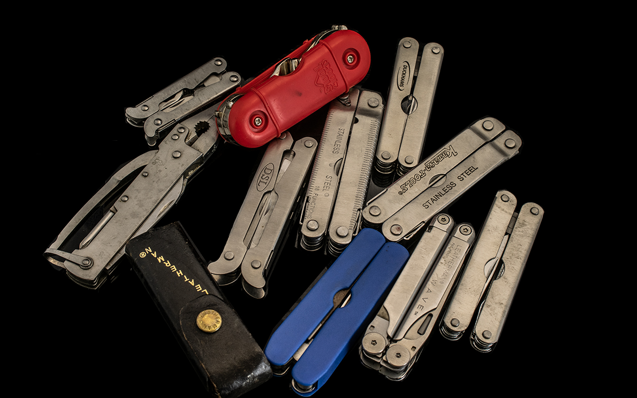 Collection of 11 Stainless Steel Combination Pocket Knives with various functions.