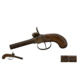 19thC Percussion Cap Pistol Walnut Grip, Marking In Front Of Trigger Guard X52 52X Length 7.
