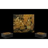 Black Lacquered Victorian Lidded Pape-Mache box. Decorated with oriental figures in a room setting.