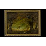 Small Victorian Oil Painting on Canvas depicting a forest scene with cattle, signed with monogram.