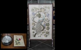 Victorian Wooden Framed Fire Screen depicting a peacock in a tree, lovely colours.