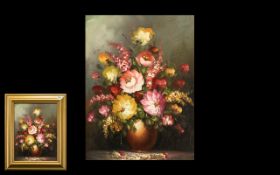 20th Century Oil on Board Still life of flowers in a dark brown pot. Unsigned, size15.5" x 11.