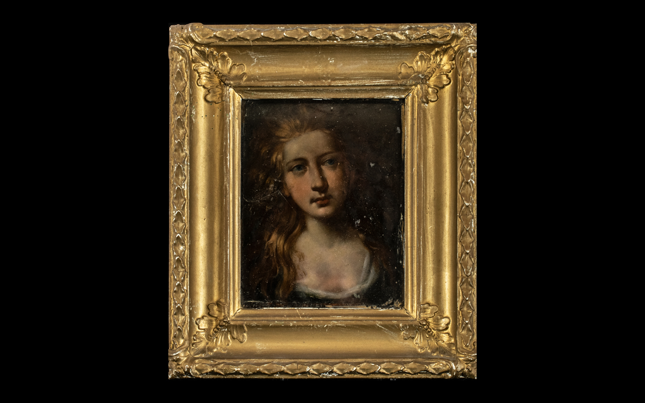 Henry Tilbury Attributed Oil Portrait on wood panel depicting a girls head and shoulders,