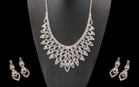 White Crystal Openwork Bib Necklace and Drop Earrings Set, the necklace with fluid movement,