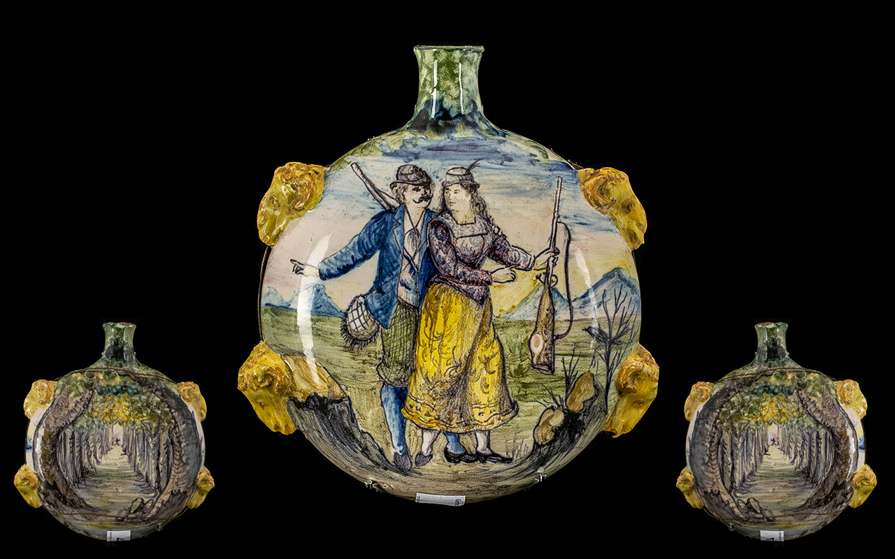 Italian Majolica 19th Nice Quality Hand Painted Rams Head Featured Ceramic Flask circa 1880's.