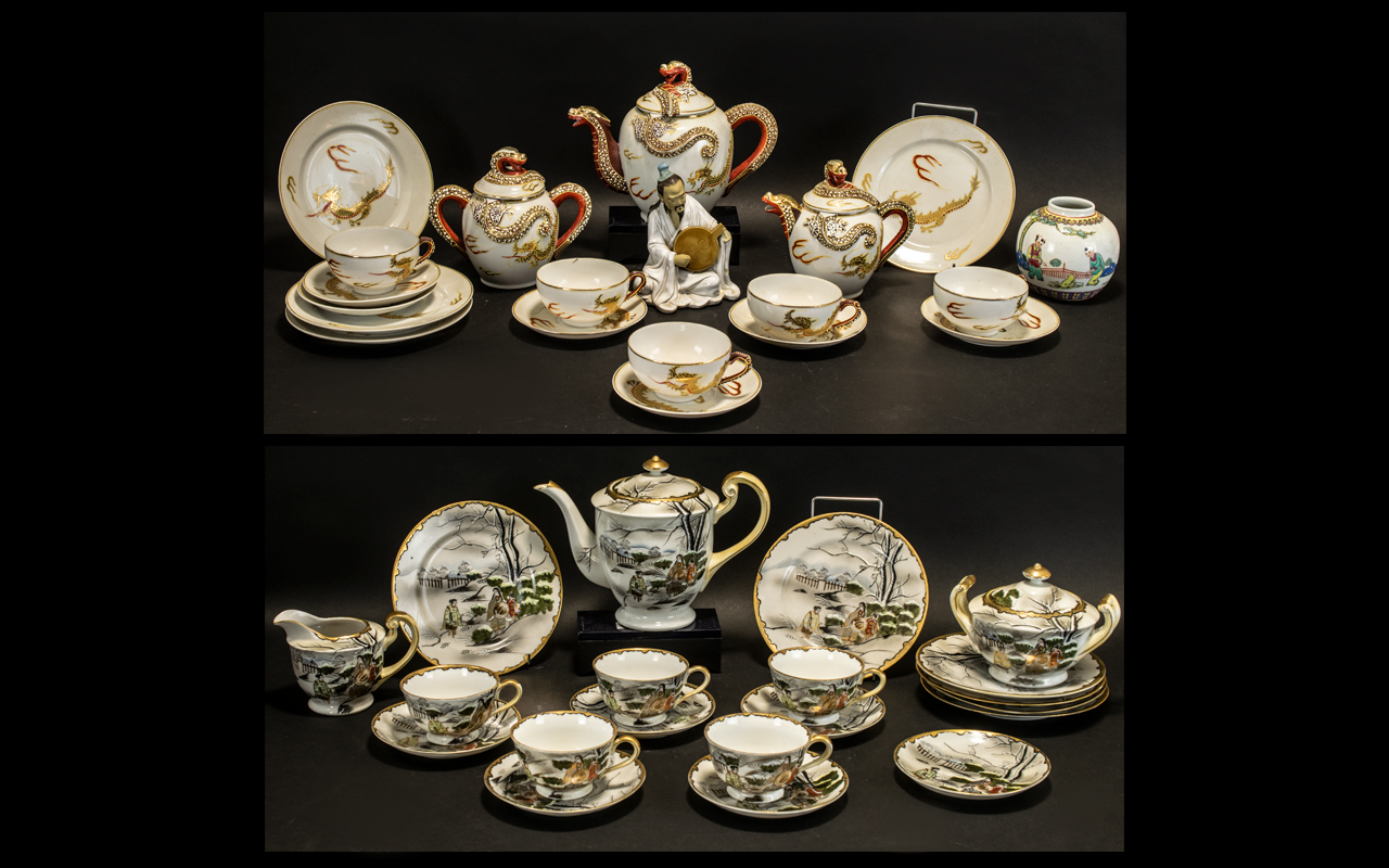 Two Oriental Part Tea Services to include a Tea Pot, Milk Jug, Lidded Sugar Pot, five cups,