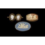 Three Cameo Brooches comprising a 1951 Wedgwood Jasper in gilt frame,