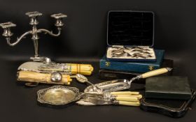 Collection of Plated Items to include a Candelabra; a table crumb brush with decorative handle;