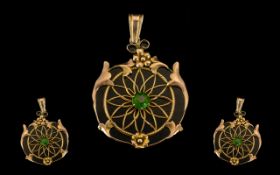 Antique Period Nice Quality 9ct Rose Gold Ornate Openworked Circular Peridot Set Pendant of