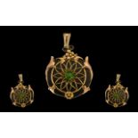 Antique Period Nice Quality 9ct Rose Gold Ornate Openworked Circular Peridot Set Pendant of