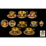 Collection of Aynsley Miscellaneous Fruit Pattern Cups & Saucers and a small vase, in gold leaf,