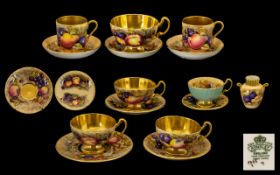 Collection of Aynsley Miscellaneous Fruit Pattern Cups & Saucers and a small vase, in gold leaf,