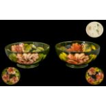 Moorcroft Pair of Tubelined Fruited Bowls (2) Coral Hibicus design on green ground circa 1940's