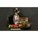Box of Mixed Collectibles to include an Oriental Vase 24" tall; a Polo hat; a large metal jam pan;