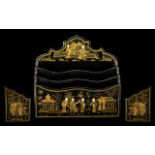 Antique Paper Mache Letter Rack black lacquered decorated with Chinese men in a garden pavilion