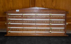Vintage Wooden Snooker Score Board, wooden board with white bands and brass markers. 34" Width, 19.