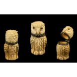 Superb Carved Ivory Hinged Lidded Pin Box - in the form of a barn owl with glass eyes.