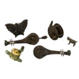 Chinese Antique Bronze Hocks in the Shape of Musical Instruments and a butterfly,