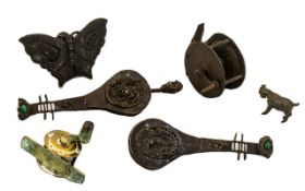 Chinese Antique Bronze Hocks in the Shape of Musical Instruments and a butterfly,