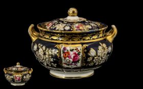 *WITHDRAWN*Derby Mid 19th Century Twin Handle Lidded Sugar Bowl. c.1840. Floral Decoration on Cobalt