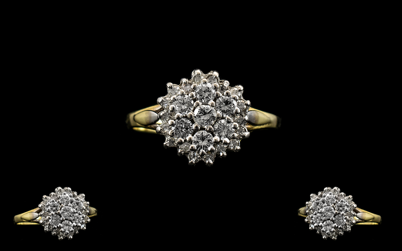 18ct Gold Good Quality Diamond Set Cluster Ring Flowerhead Design. Full hallmark for 750 - 18ct. The