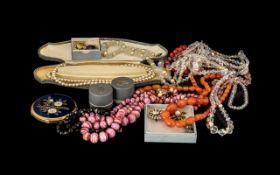 Collection Of Costume Jewellery To Include, Brooches, Lotus Pearls, Compact,