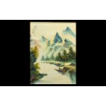 Chinese Oil Painting on Canvas - depicting a river landscape with boots. Fully signed in Chinese