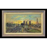 Ian Cryer British Artist Original Oil On Canvas Titled 'Didcot Power Station Dusk' with adjoining