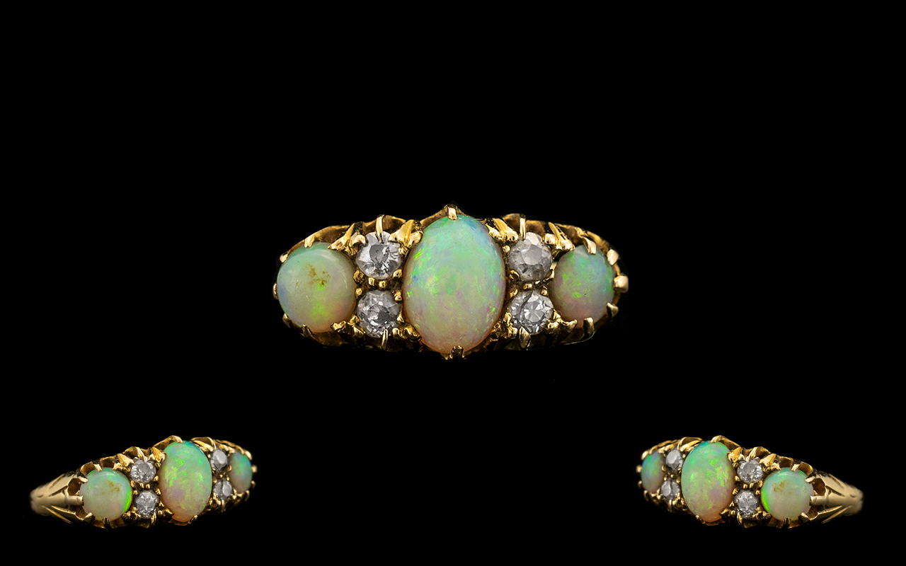 Antique Period - Nice Quality 18ct Gold Attractive Opal and Diamond Set Ring, Gallery Setting. c.