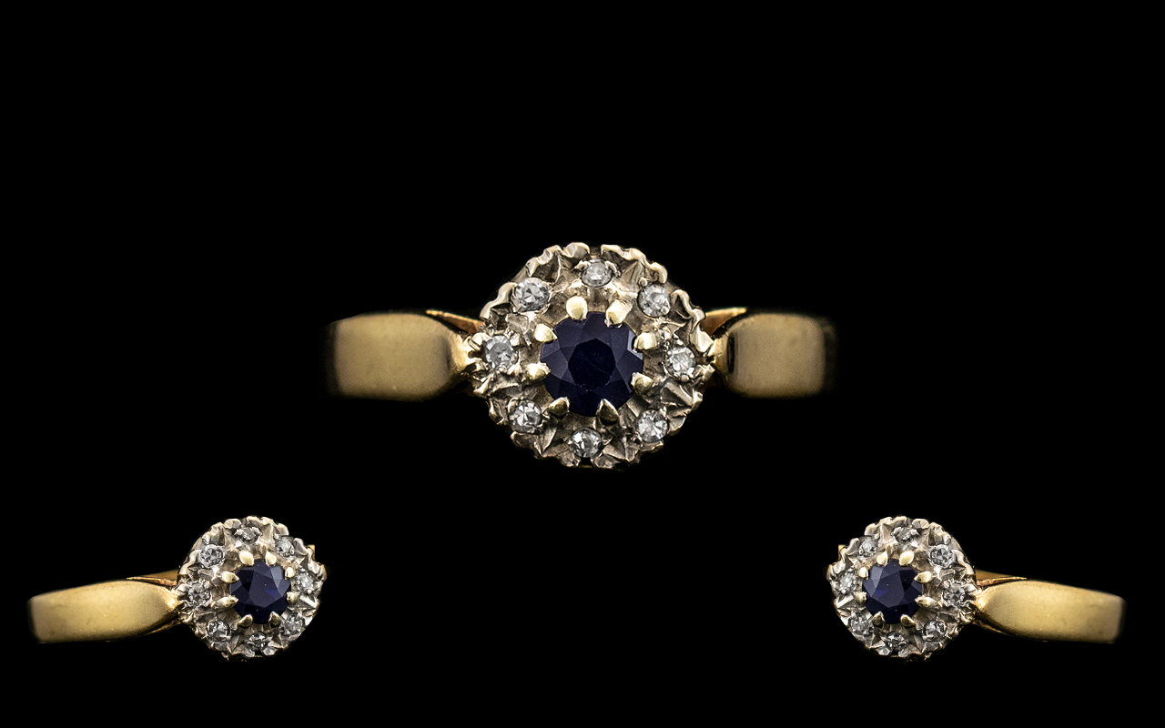 9ct Gold Dress Ring Central Sapphire Surrounded By 8 Round Cut Diamonds, Fully Hallmarked,
