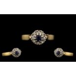 9ct Gold Dress Ring Central Sapphire Surrounded By 8 Round Cut Diamonds, Fully Hallmarked,