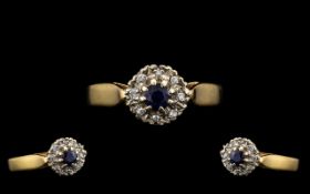 9ct Gold Dress Ring Central Sapphire Surrounded By 8 Round Cut Diamonds, Fully Hallmarked,