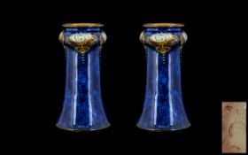 Royal Doulton Fine Pair of Art Nouveau Painted Cobalt Blue Vases. Circa 1910.