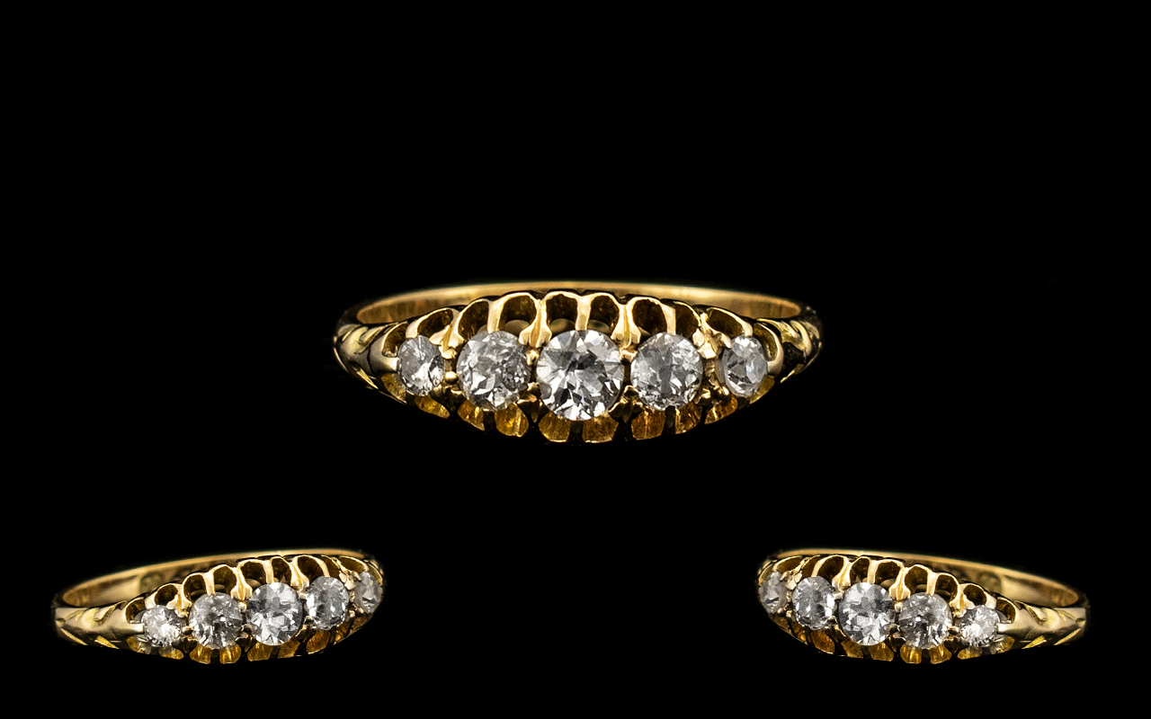 Antique Period 18ct Gold Attractive 5 Single Diamond Ring, Gallery Setting.