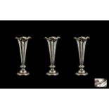 Victorian Period Nice Quality Art Nouveau Trio of Sterling Silver Tulip Shaped Vases with ribbed