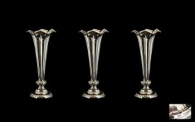 Victorian Period Nice Quality Art Nouveau Trio of Sterling Silver Tulip Shaped Vases with ribbed