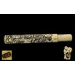 Japanese Antique Ivory Scroll Case carved to the body with figures, with belt buckle. 8.