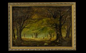 Small Victorian Oil Painting on Canvas depicting a forest scene with cattle, signed with monogram.