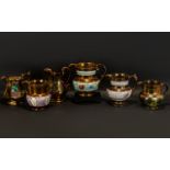 Large Antique Staffordshire Copper Lustre Ware Jugs decorated in various enamel colours depicting