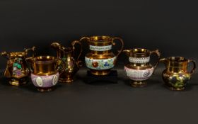 Large Antique Staffordshire Copper Lustre Ware Jugs decorated in various enamel colours depicting