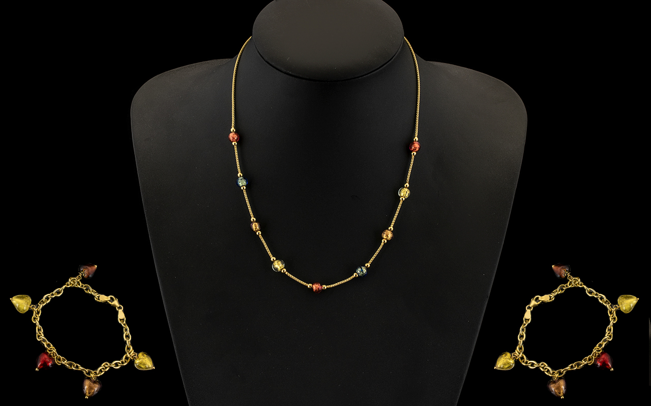 A 9ct Gold Necklace Set with Multi Coloured Baubles and Matching 9ct Gold Bracelet,