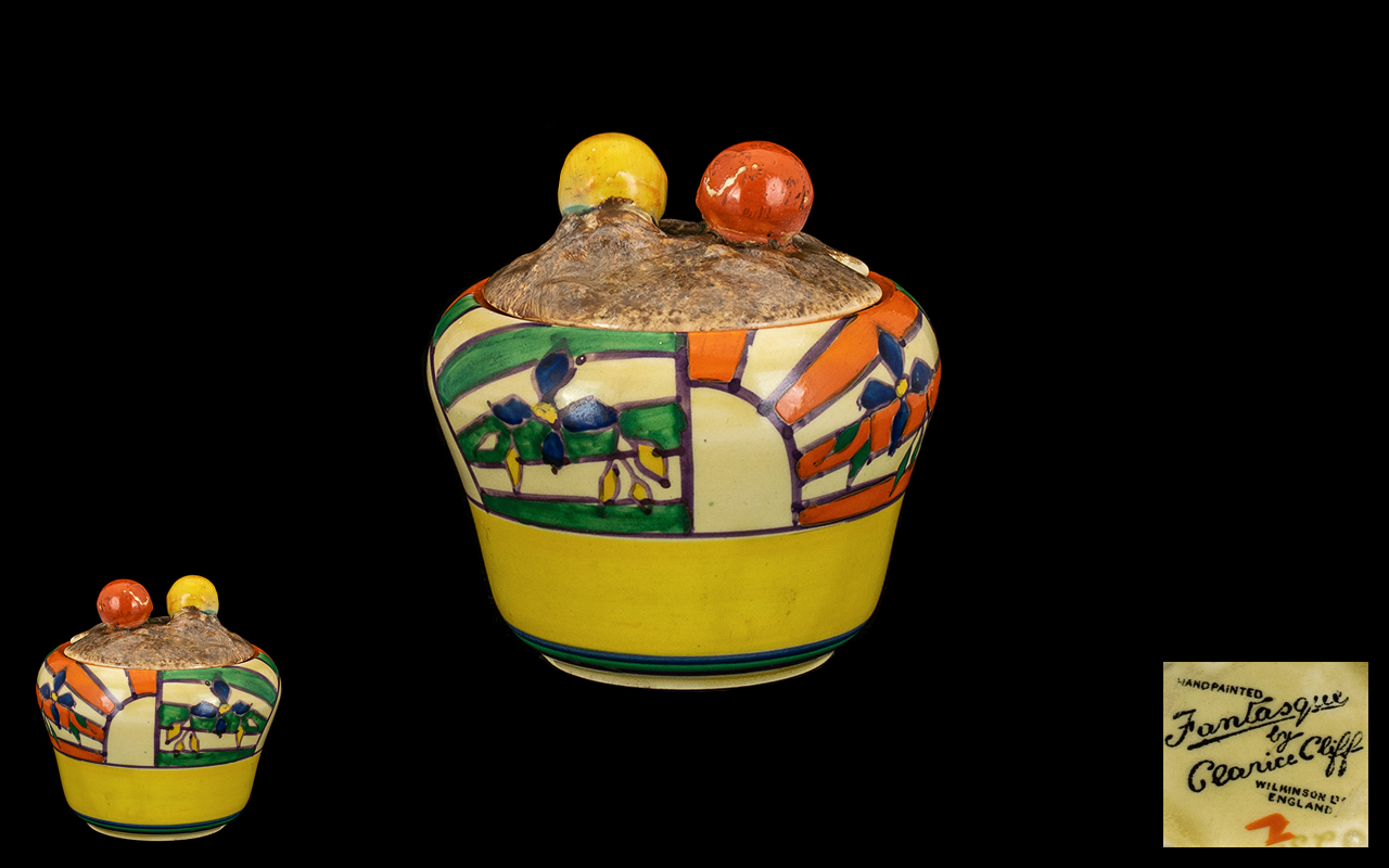 Clarice Cliff Hand Painted - Lidded Preserve Pot ' Abstract ' Range. Sunray Leaves ' Design.