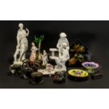 Box of Figurines & Pottery Items including a tall Grecian style figure with a dog,